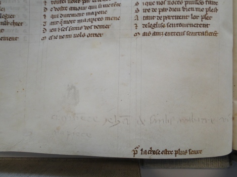 Marginal note regarding payment to the professional scribe Jehan de Sanlis (The Hague, KB, 71 A 24, 13th c)